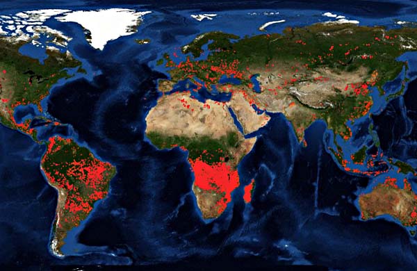  NASA - Carte en temps réel des incendies sur l'ensemble de la Terre, prise le 26 août 2019